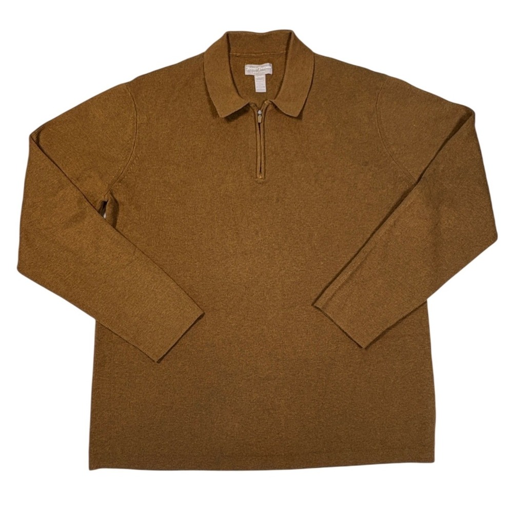 Hickey Freeman Mens XL Quarter Zip Polo Sweater Brown Ribbed Knit 1904054